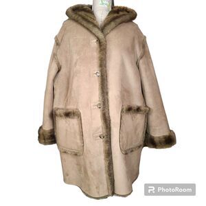 Vintage Dennis Basso Size 1X Tan Brown Reversible Faux Suede/Fur Penny Lane Coat